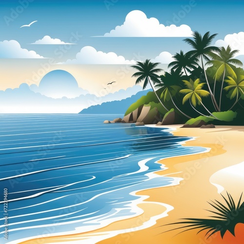 Illustration of tropical beach with palms, sea and blue sky. Generative AI