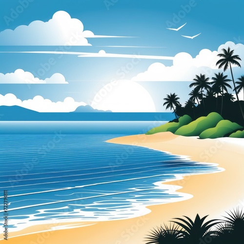 Fototapeta Naklejka Na Ścianę i Meble -  Illustration of tropical beach with palms, sea and blue sky. Generative AI