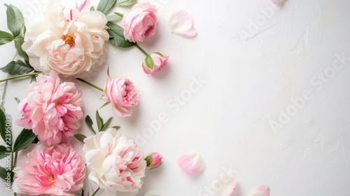Pink and beige pions flowers on the edge of the frame with copy space. Women's Day and Mother's Day concept.  photo