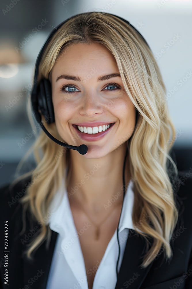 Helpdesk image of young beautiful customer support woman smile while wearing wireless headset of headphones and microphone Helpdesk image of young beautiful customer support woman smile while wearing wireless headset of headphones and microphone