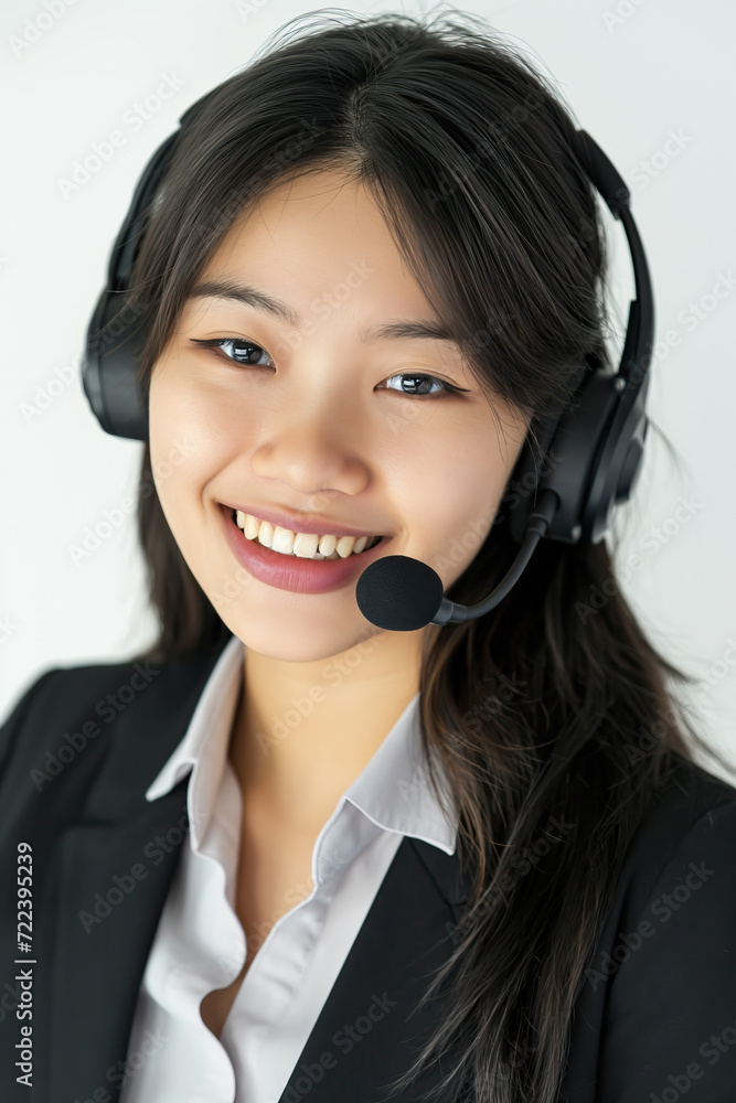 Helpdesk image of young beautiful Asian customer support woman smile while wearing wireless headset of headphones and microphone in call center, white background Helpdesk image of young beautiful Asian customer support woman smile while wearing wireless headset of headphones and microphone in call center, white background