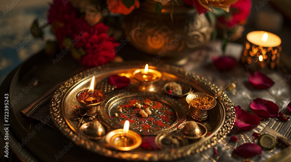Immerse yourself in the artistry of an Aarti thali decoration with vermillion, presenting a super realistic image