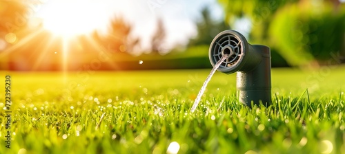 Automatic sprinkler system watering green lawn in garden with copy space for text