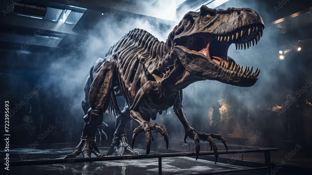 Fierce T-Rex skeleton on display, evoking prehistoric times in dramatic ...
