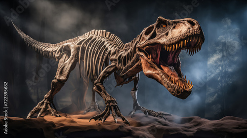 Fierce T-Rex skeleton on display  evoking prehistoric times in dramatic museum exhibit.
