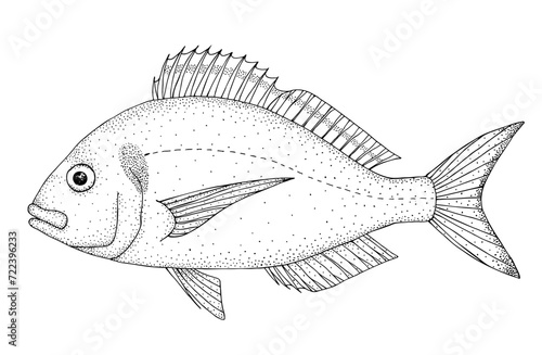 Gilthead seabream. Black hand drawn realistic outline vector image.