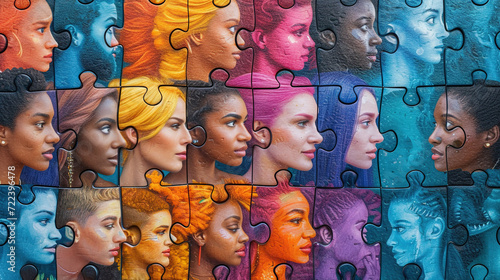  Multi colored puzzle faces with different people showing Diversity and inclusion, equity and belonging photo