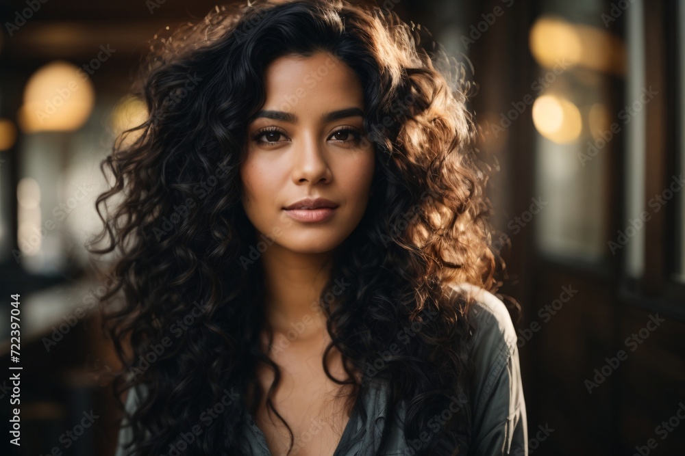 Beautiful woman with long curly black hair, smirking. Beautiful woman with long curly black hair, smirking.