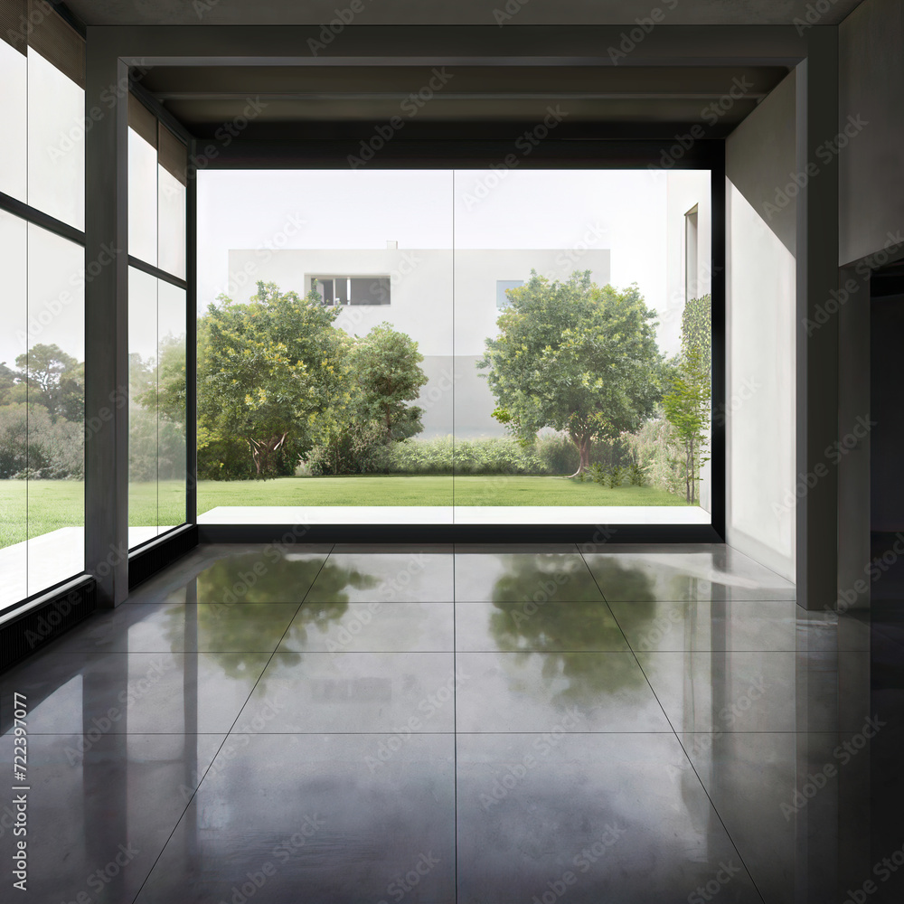 Contemporary empty interior, concrete walls and big windows. 3d render, mock up for furniture placement
