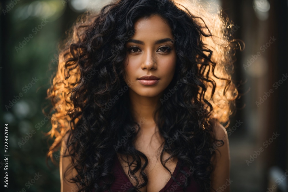 Beautiful woman with long curly black hair, smirking. Beautiful woman with long curly black hair, smirking.
