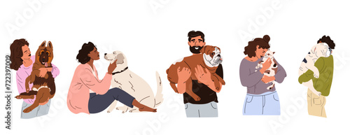 Set of happy pet owners with dogs and a cat. Collection of people playing, holding, hugging animals. Color flat vector hand drawn illustration isolated on white background