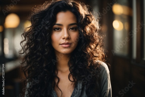 Beautiful woman with long curly black hair, smirking. © Graphic Gem Market