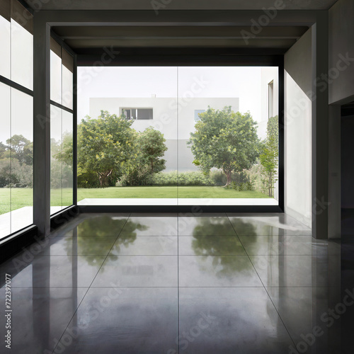 Obraz na płótnie Contemporary empty interior, concrete walls and big windows. 3d render, mock up for furniture placement w salonie