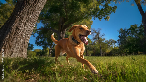 Joyful Sprint: Exuberant Dog Enjoying a Sunny Day Outdoors AI-Generative