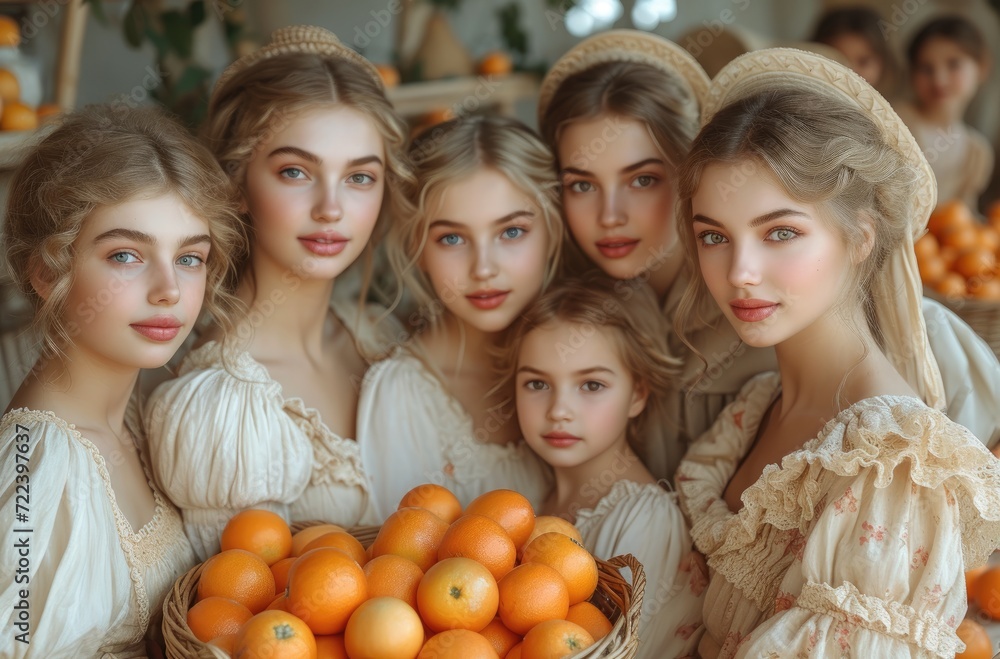 a group of women with children are posing together in front of a kitchen table and a basket of oranges, in the style of tabletop photography, beautiful women a group of women with children are posing together in front of a kitchen table and a basket of oranges, in the style of tabletop photography, beautiful women