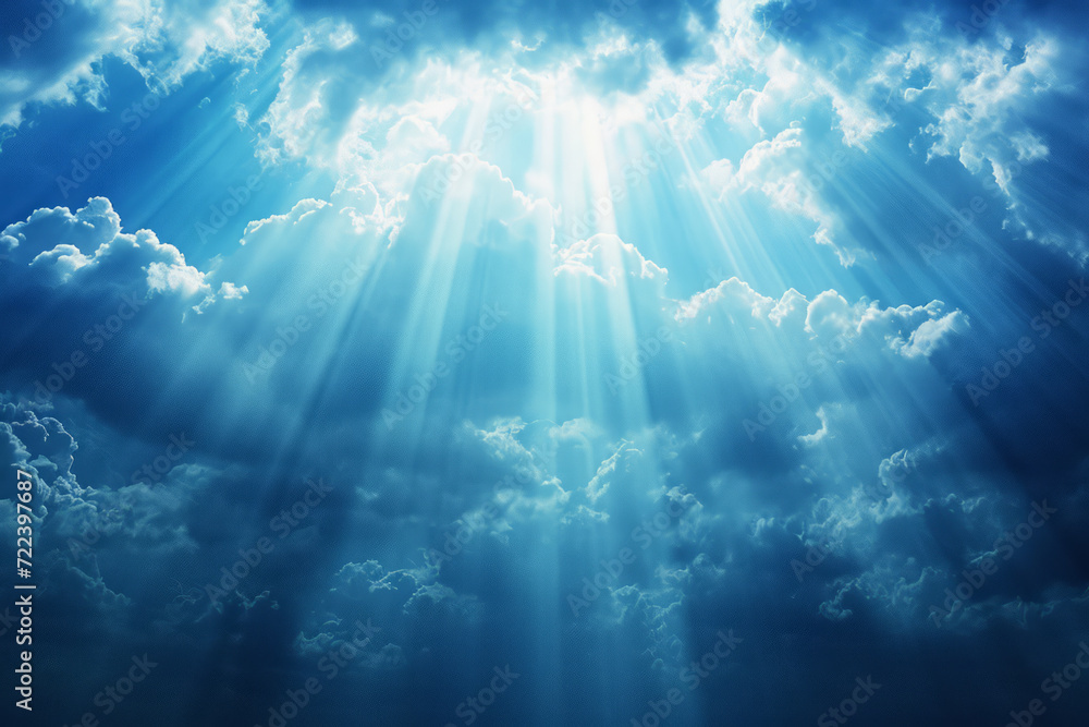 God light in heaven symbolizing divine presence, truth, spiritual illumination, God love and grace. Light beams blessing world with heavenly light - obrazy, fototapety, plakaty 