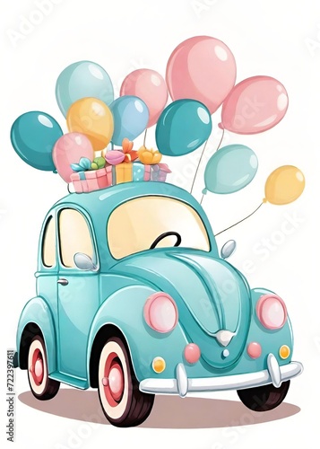 A car on a white background. There are a lot of colorful balloons and a stack of gift boxes on the roof of the car.