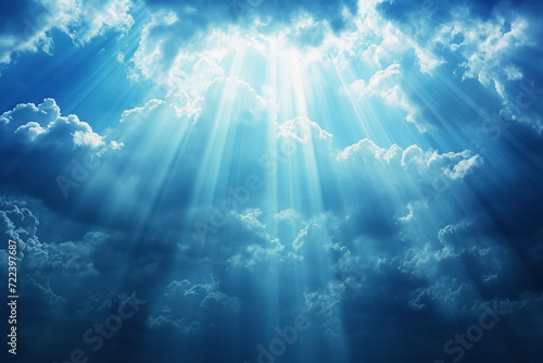 God light in heaven symbolizing divine presence, truth, spiritual illumination, God love and grace. Light beams blessing world with heavenly light photo