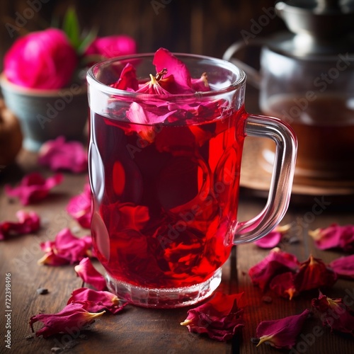 cup of red hot tea hibiscus on wooden background 