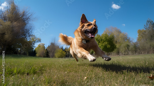 Joyful Sprint: Exuberant Dog Enjoying a Sunny Day Outdoors AI-Generative