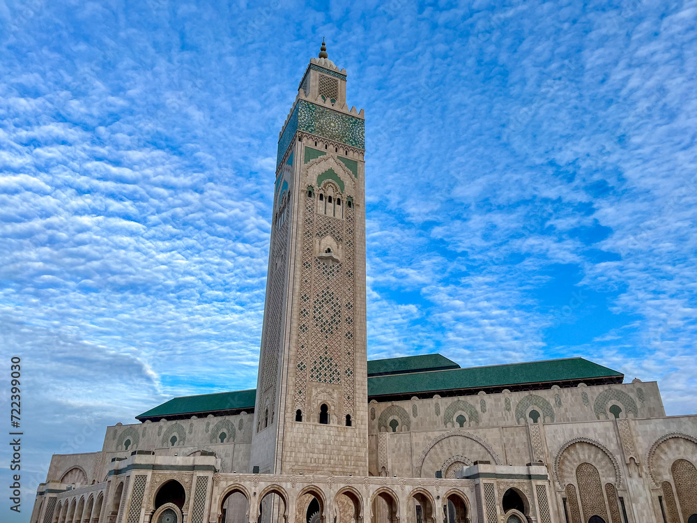 Casablanca, Morocco - December 28, 2023: Architectural details and mosaics on the exterior of the Hasaan II Mosque in Casablanca, Morocco
