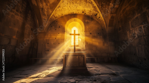 Wooden cross on the altar is tenderly illuminated by the divine light filtering through a modest window, crafting a poignant and spiritually enriching tableau