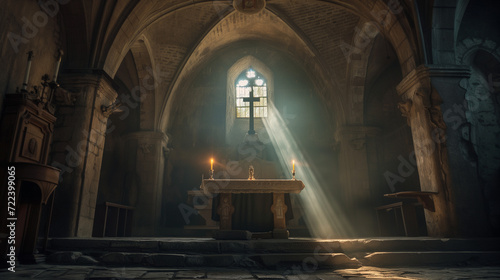 Serenity of Holy Week within the hallowed walls of a church, where a wooden cross is gracefully illuminated by the divine light streaming through a window