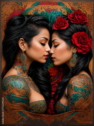 Chicano style tattoo design depicting two women kissing