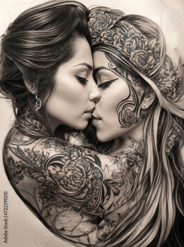 Chicano style tattoo design depicting two women kissing