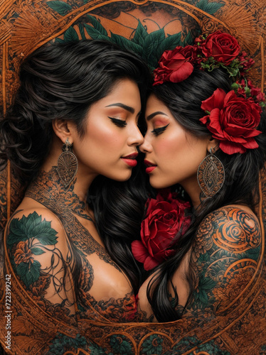 Chicano style tattoo design depicting two women kissing