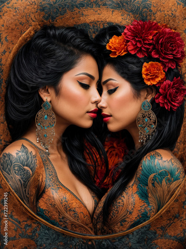Chicano style tattoo design depicting two women kissing