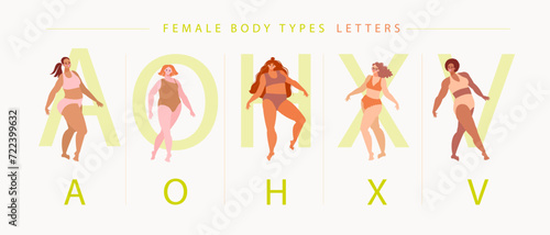 Set of full female body types indicated by letters. Different women in swimsuits show off different body shapes. Vector illustration of chubby girls with different skin isolated.