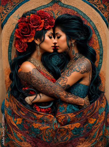 Chicano style tattoo design depicting two women kissing