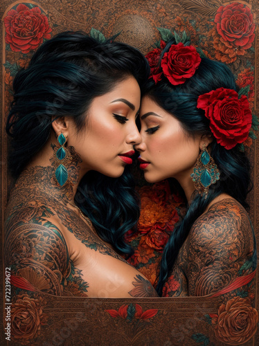Chicano style tattoo design depicting two women kissing
