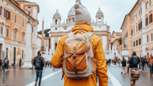 Aging Explorer in Historic Alleys Senior traveler with backpack exploring ancient streets © PhotoRK
