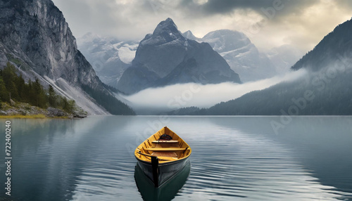 Empty canoe floating on a large lake. Generative AI © Adrian