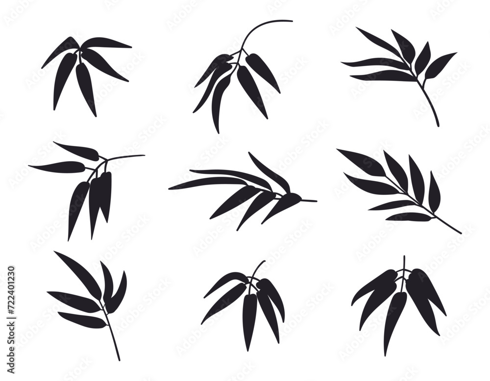 Bamboo stems silhouettes. Jungle bamboo forest leaves and branches, black ink bamboo flat vector illustration set. Oriental bamboo leaves silhouettes