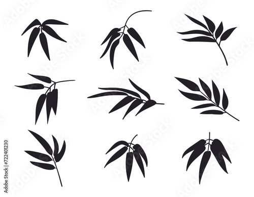 Fototapeta Naklejka Na Ścianę i Meble -  Bamboo stems silhouettes. Jungle bamboo forest leaves and branches, black ink bamboo flat vector illustration set. Oriental bamboo leaves silhouettes