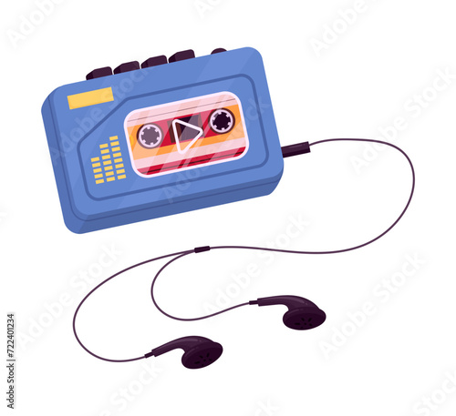 Cassette player. Audio player and earphones, 90s portable audio music device flat vector illustration. Old school cassette player
