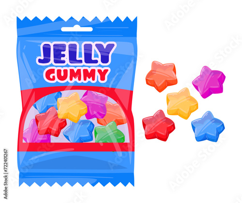 Fruity gummies package. Chewy jelly candy sweets with fruit flavor flat vector illustration. Gummy jelly candies bag on white