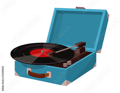 Record player with vinyl. Turntable vinyl record player, retro music audio device flat vector illustration. Analogue nostalgic music player