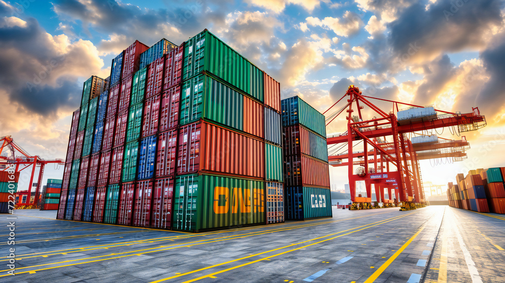 Fototapeta premium Industrial Shipping Containers, Transportation and Export, Harbor Cargo, Port Freight, Trade Business, Import Dock, Crane Delivery, Loading Terminal, Commercial Commerce, Warehouse Storage