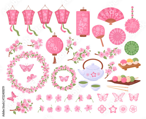 Sakura admiring festival. Traditional japanese cherry blossom, spring sakura tea and sweets, lanterns and fans, blooming sakura symbols flat vector illustration set. Oriental sakura elements © GreenSkyStudio