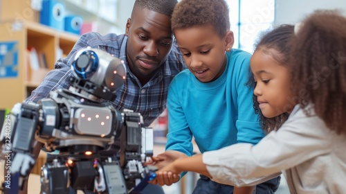 Elementary school coding: Teacher demonstrates mechanical robot programming to young students