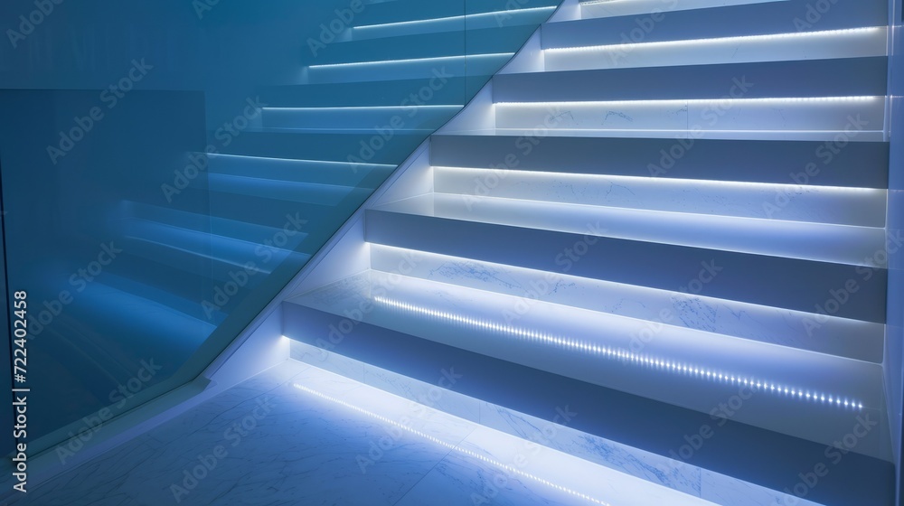 Fototapeta premium Floating steps with LED strip lights underneath each stair 