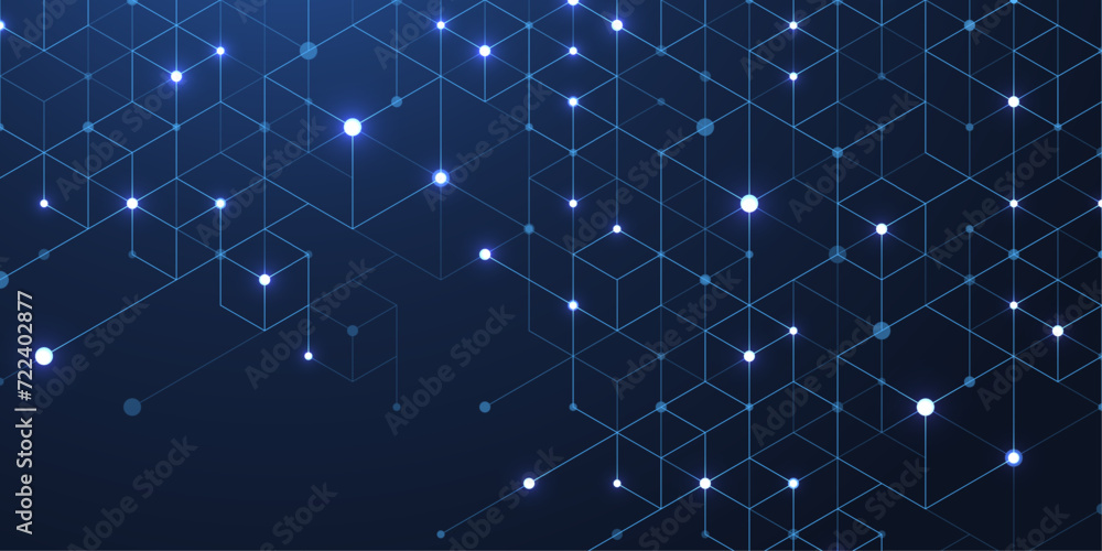 Technology abstract lines and dots connect background with hexagons. Hexagons connection digital data and big data concept. Hex digital data visualization. Vector illustration