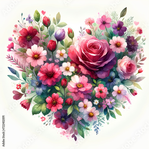 Watercolor illustration of a floral heart. The heart is composed of various flowers arranged in the shape of a heart.