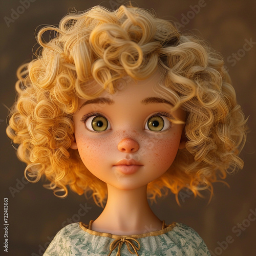 little beauty with blonde curls and caramel skin  3D  non photorealistic rendering