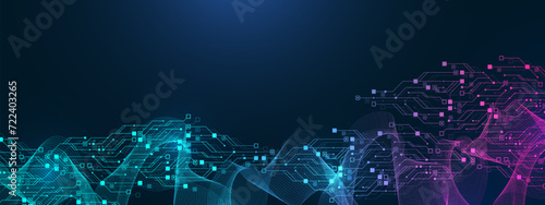 Quantum computer technologies concept. Futuristic blue circuit board background vector. Modern technology circuit board texture background design. Waves flow. Quantum explosion technology.
