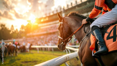 Professional jockey riding a powerful horse in an intense and competitive horse racing event